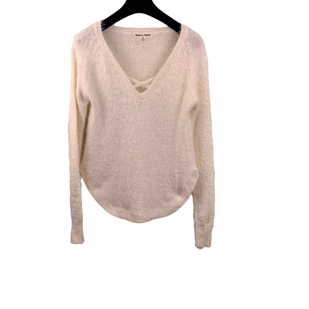 Sweater Pullover Ivory V Neck M High Low Hem Fluffy Feather Look Light Academia